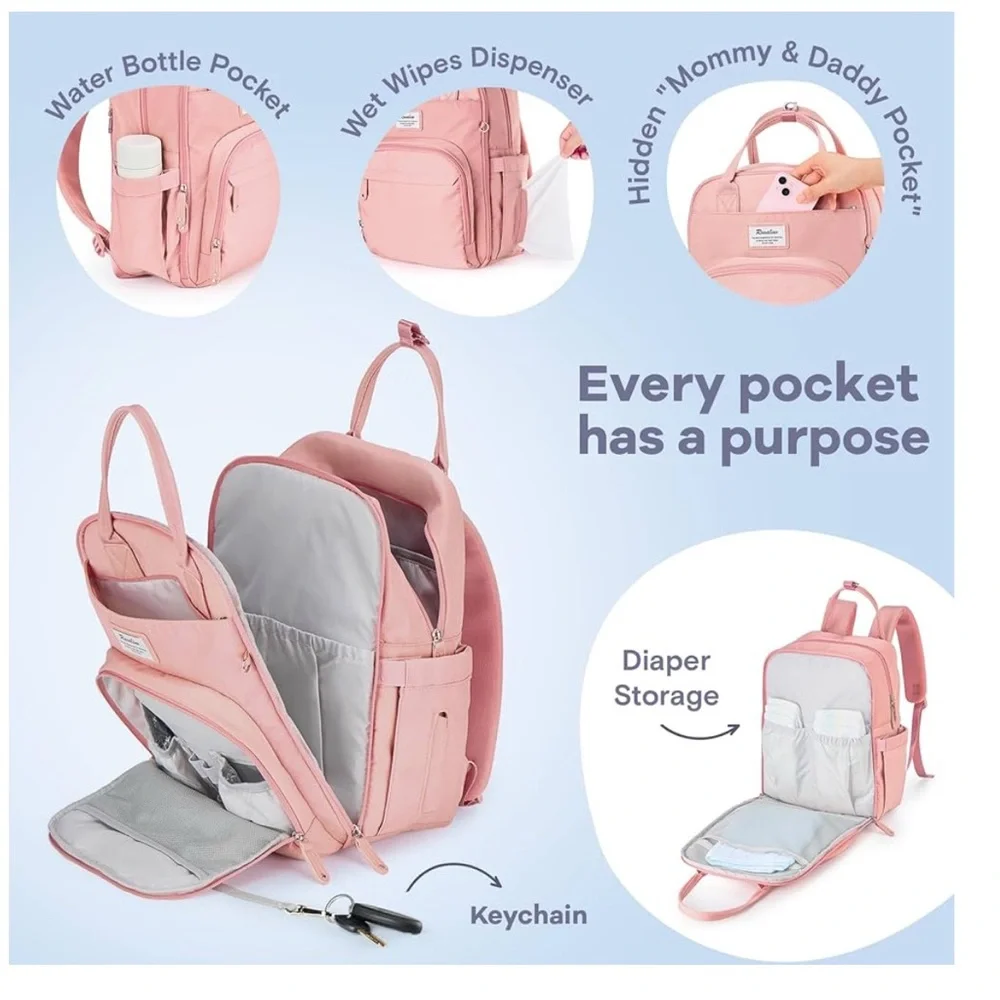 NEW Pink Diaper Backpack with Multiple Pockets